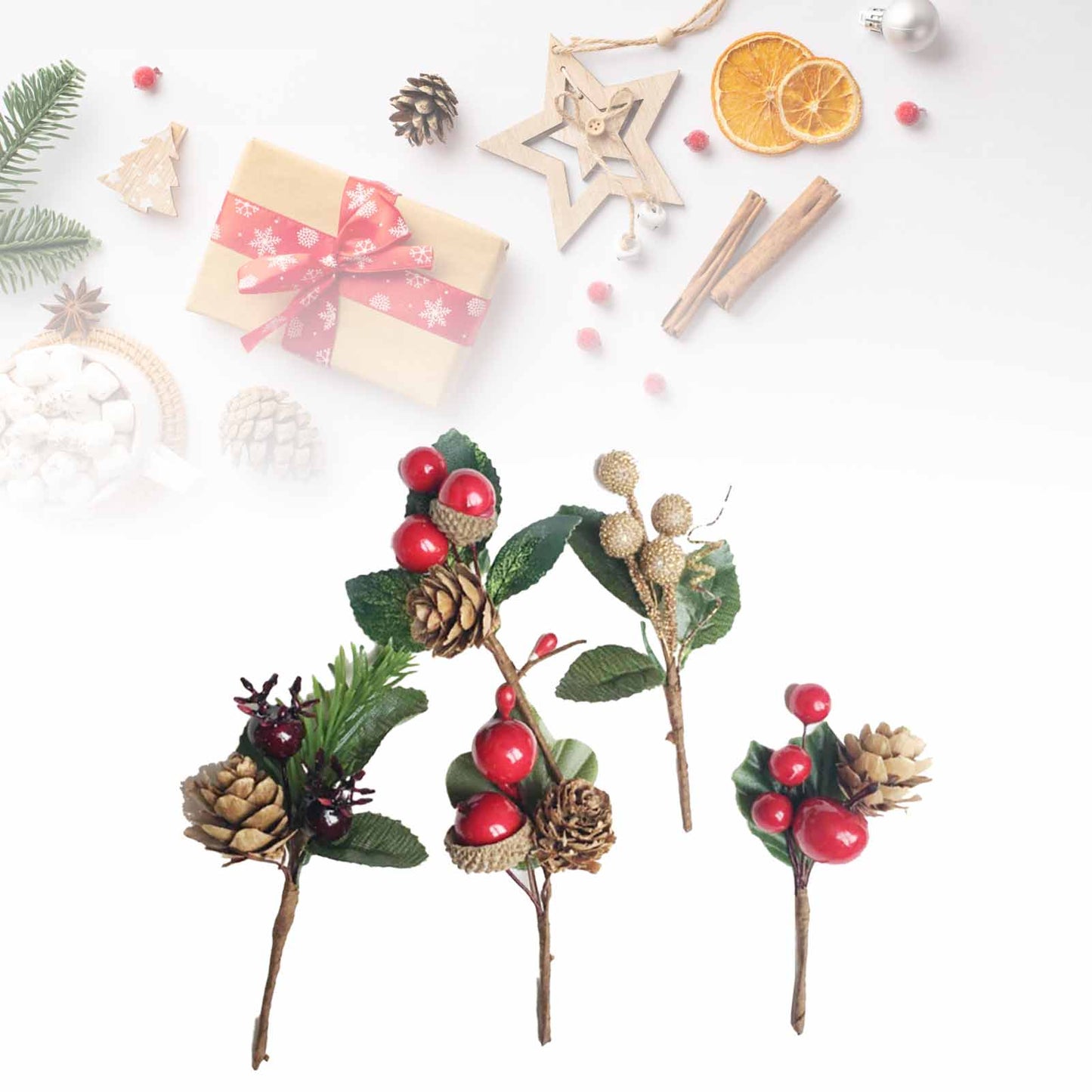 Artificial Flowers Red Berries Pine Cones For Gift Package Plastic Dried Flower Card Accessory For Wedding Party Decorations 12 Sets