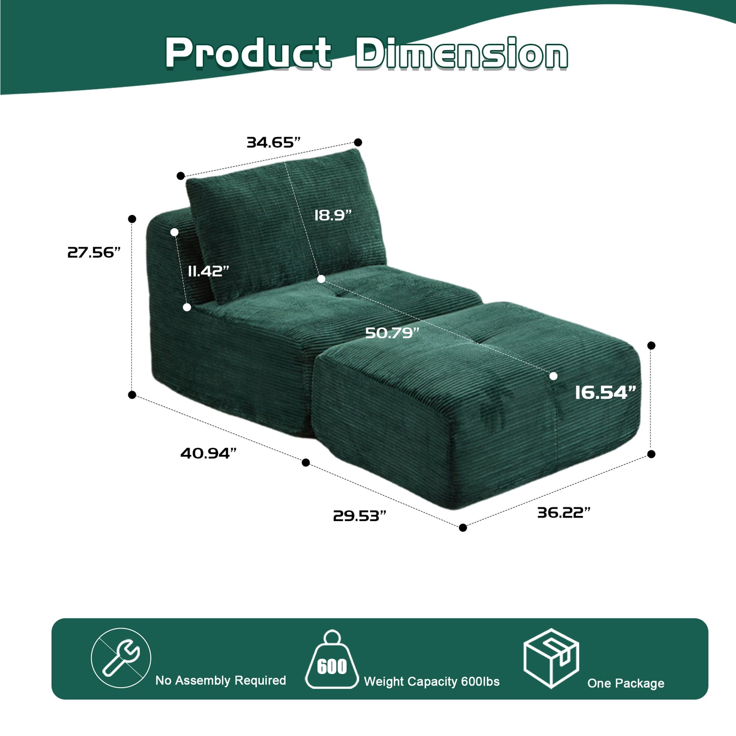 Modern Memory Foam Compressed Sofa,Single Chaise Longue For Living Room,Pet-Friendly Cloud Modular Sectional Sofa,Corduroy Fabric,Movable Ottoman,No Assembly Required,Green