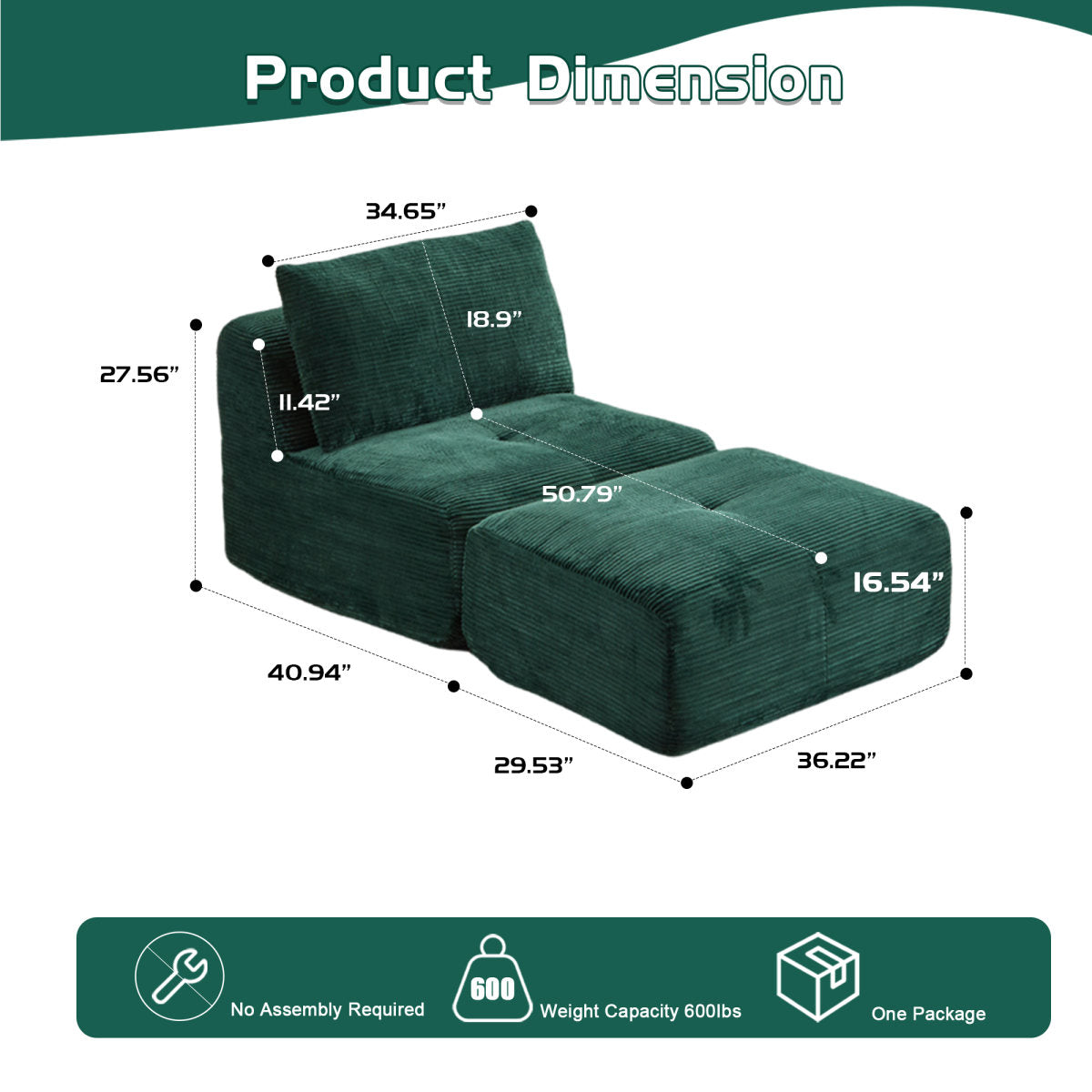 Modern Memory Foam Compressed Sofa,Single Chaise Longue For Living Room,Pet-Friendly Cloud Modular Sectional Sofa,Corduroy Fabric,Movable Ottoman,No Assembly Required,Green