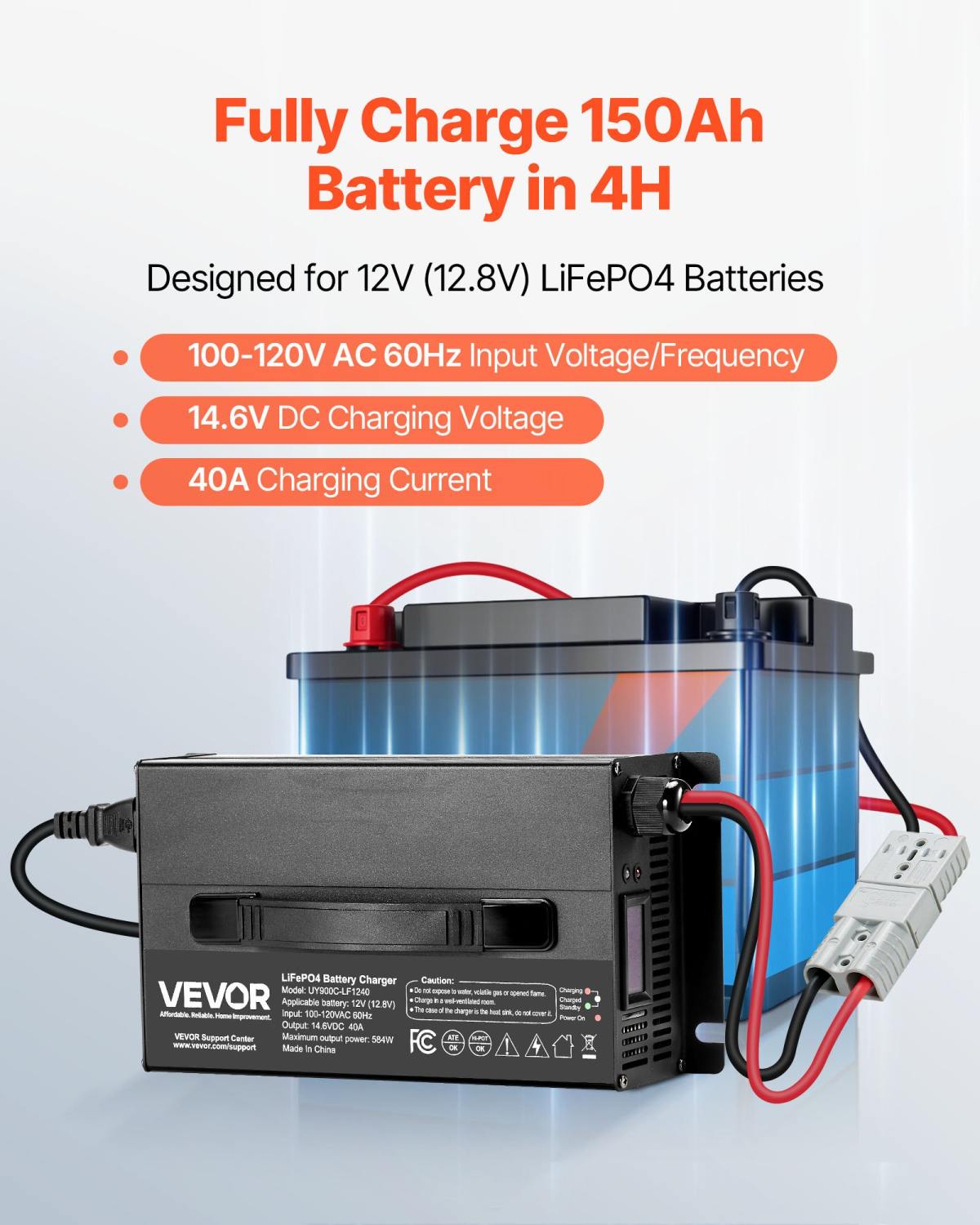 12V 40A Lithium Battery Charger 14.6V AC-DC LiFePO4 Smart Charger For RV