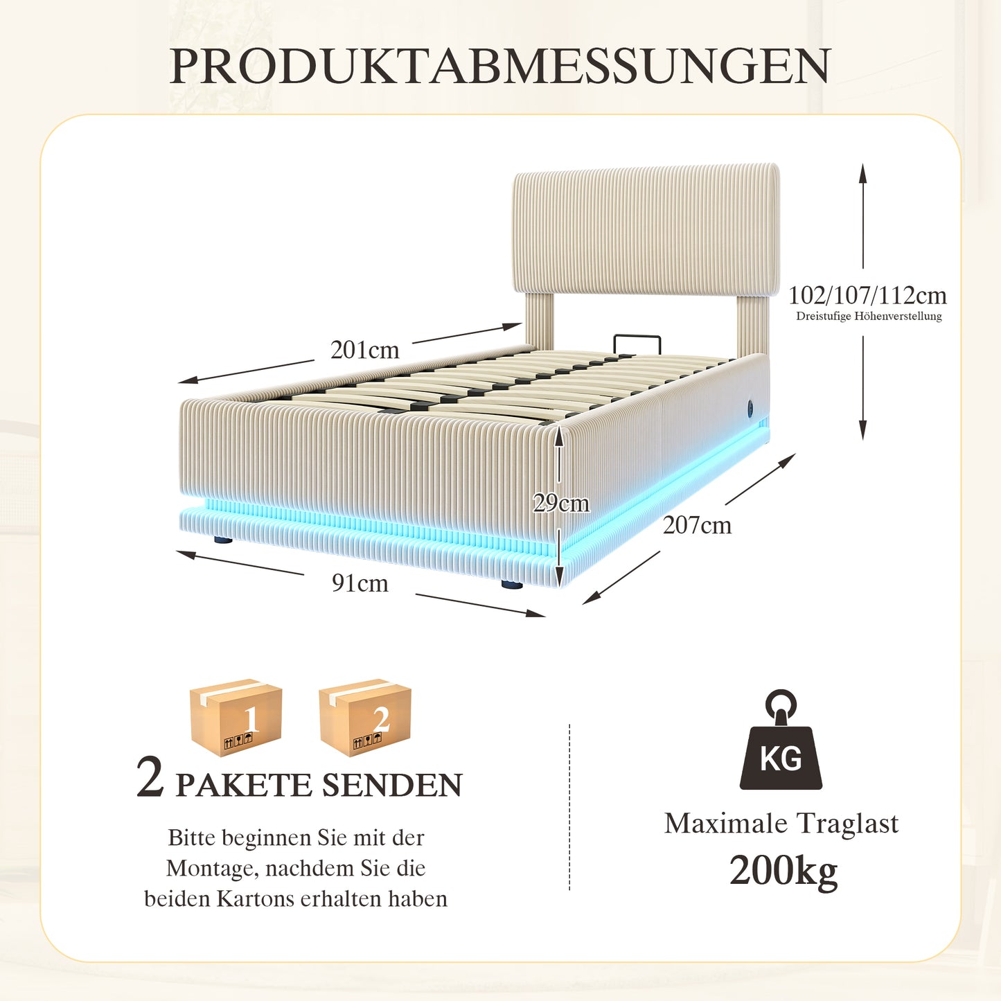 Modern Upholstered Beds With LED Lighting And USB-C Charging Function, Height-adjustable Headboard, Corduroy Fabric, Sturdy Slatted Frame, Large Underbed Storage Space And Comfortable Upholstered Head