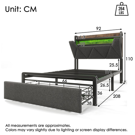 Upholstered Single Bed With LED Lighting, USB Type-C Charging Function, Storage Headboard And Drawers,  3ft Single Bed 90 X 190 Cm, Storage Bed Frame With Metal Slatted Frame,Linen, Grey