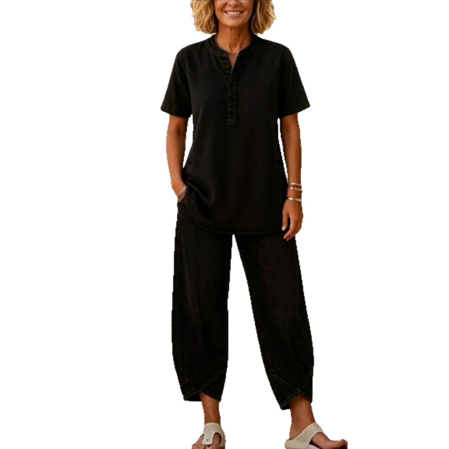 Womens Casual Fashion Set With Lapel Collar And Buttons
