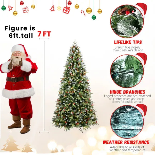 Artificial 7ft Green LED-lit Christmas Tree With 2178PE/PVC Mixed Branch Tips,Red Fruit And Pine Cone,Hinged Premium & Foldable Base For Indoor Holiday Decorating