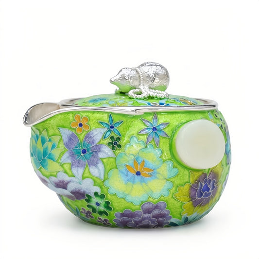 925 Sterling Silver Enamel Teapot with Floral Design and  Mouse Finial-Fine Indigo Tea Dispenser - Handicraft