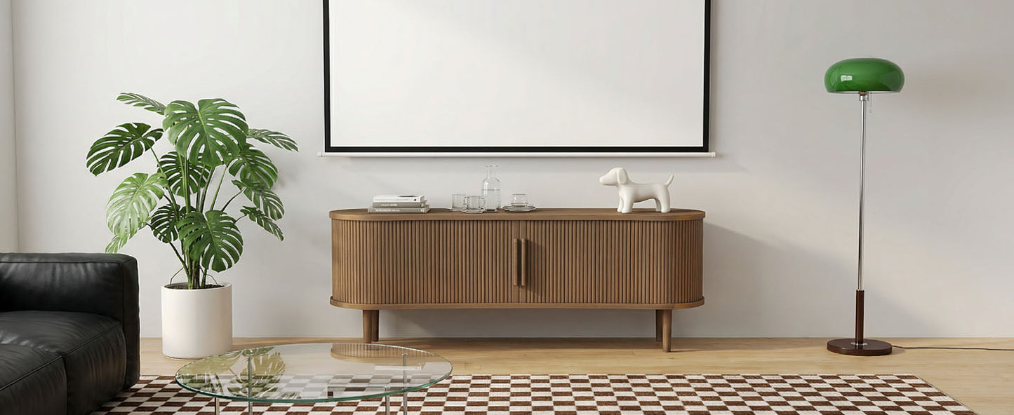 63in Fluted TV Stand Modern Media Console Table Entertainment Center With Sliding Door And Solid Wood Legs For Living Room Bedroom Office