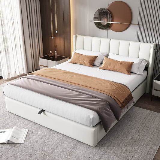 Binaural LED Upholstered Bed 180 X 200 Cm, Hydraulic Bed, Rechargeable USB Port In Bed, With LED Lighting, With Storage, Adjustable Headboard, PU Pebble, White