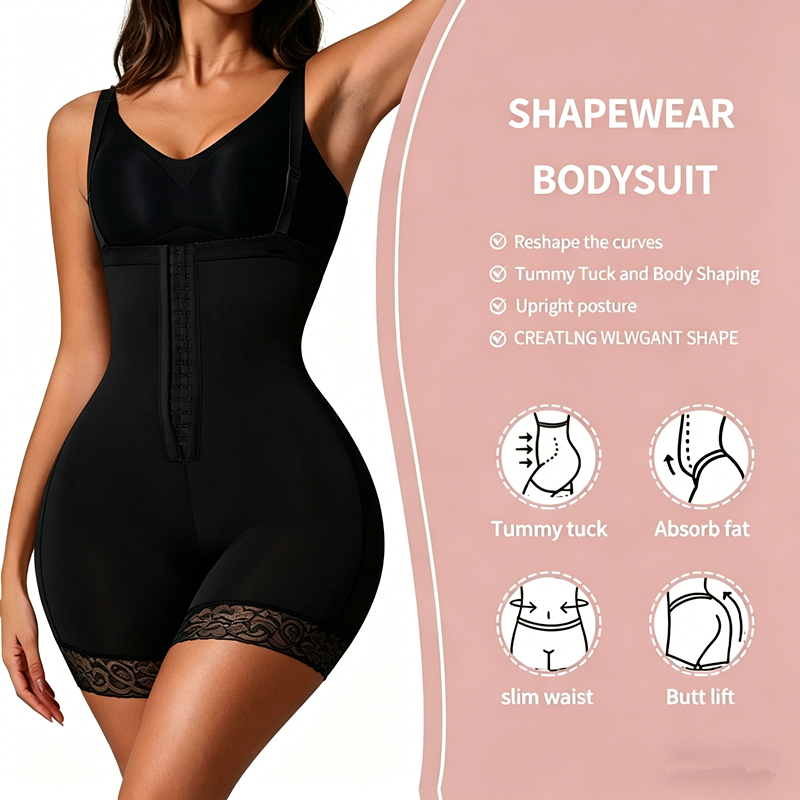 Women's Faja Bodysuit With Tummy Control, High Compression Waist Trainer Shapewear, Seamless Body Shaper With Lace Trim, Adjustable Straps, Zipper Crotch