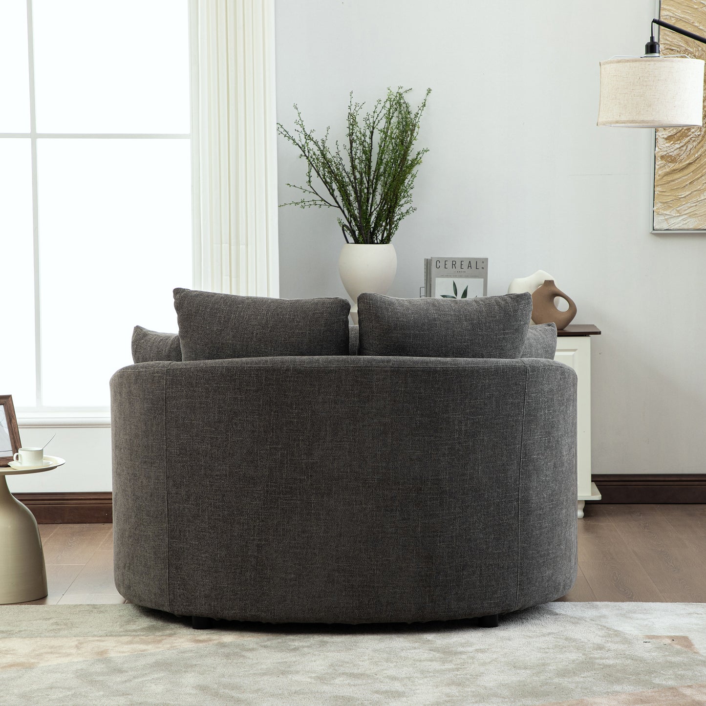 56.3  Wide Upholstered Round Accent Cuddle Chaise With Pillows, Cozy Oversized Slipcovered Barrel Lounger Chair With Deep Seat Reading Armchair For Club, Living Room, Bedroom, Office, Lounge, Gray