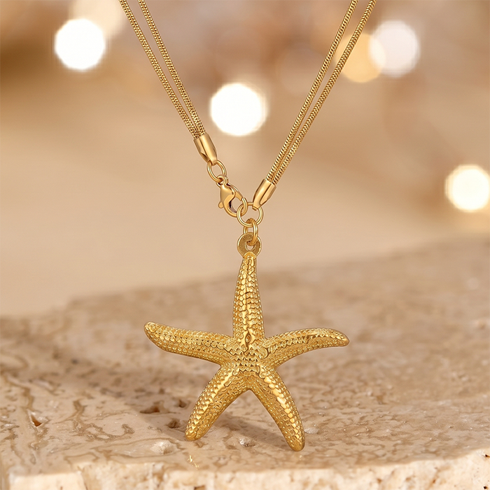 Double Layer Starfish Pendant Necklace For Women, 18K Gold Plated Stainless Steel Snake Chain Choker, Summer Beach Vacation Jewelry Gift