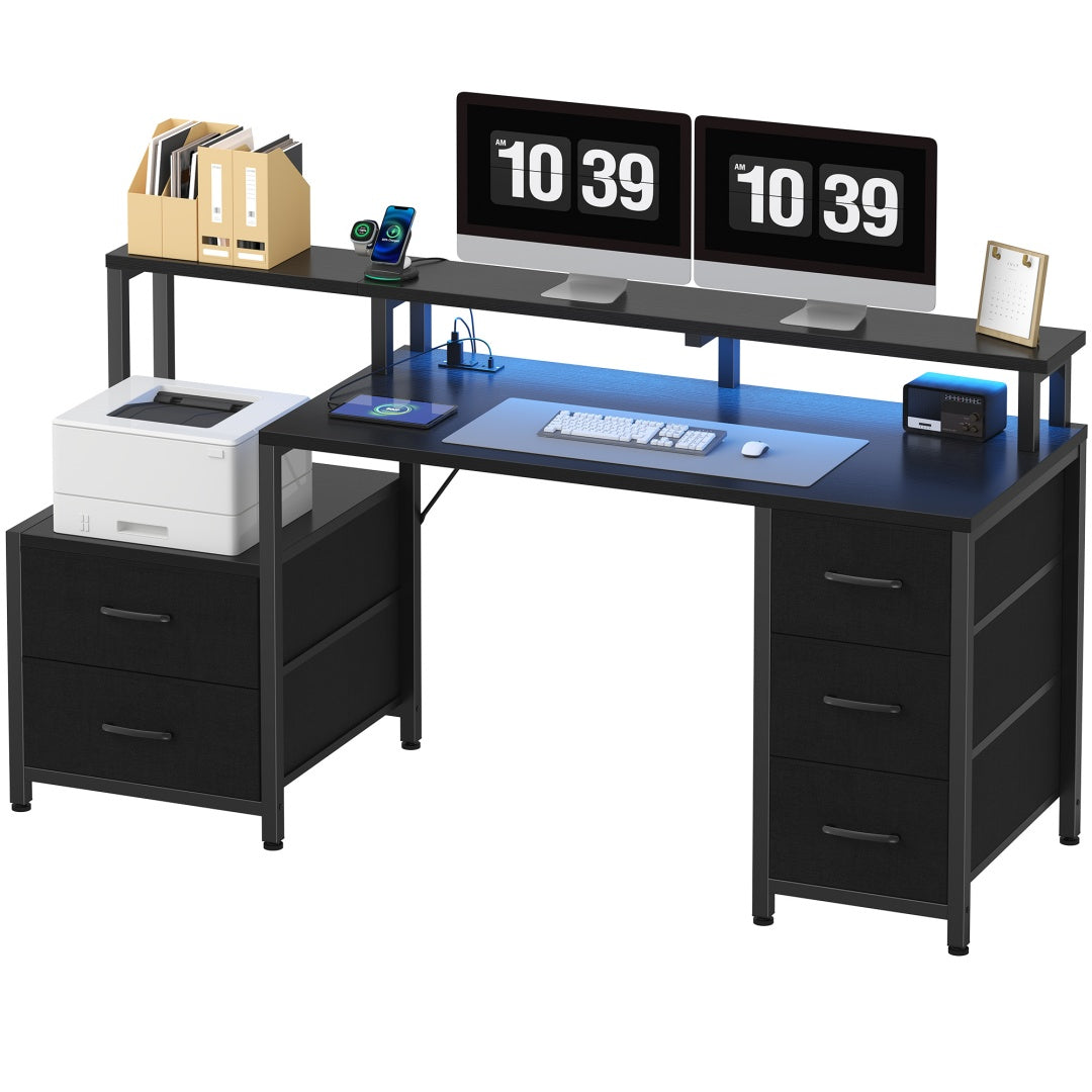 67-inch Computer Desk, Equipped With 5 Drawers And A Monitor Stand. The Gaming Table Comes With LED Lights And Power Sockets. The Printer Cabinet.