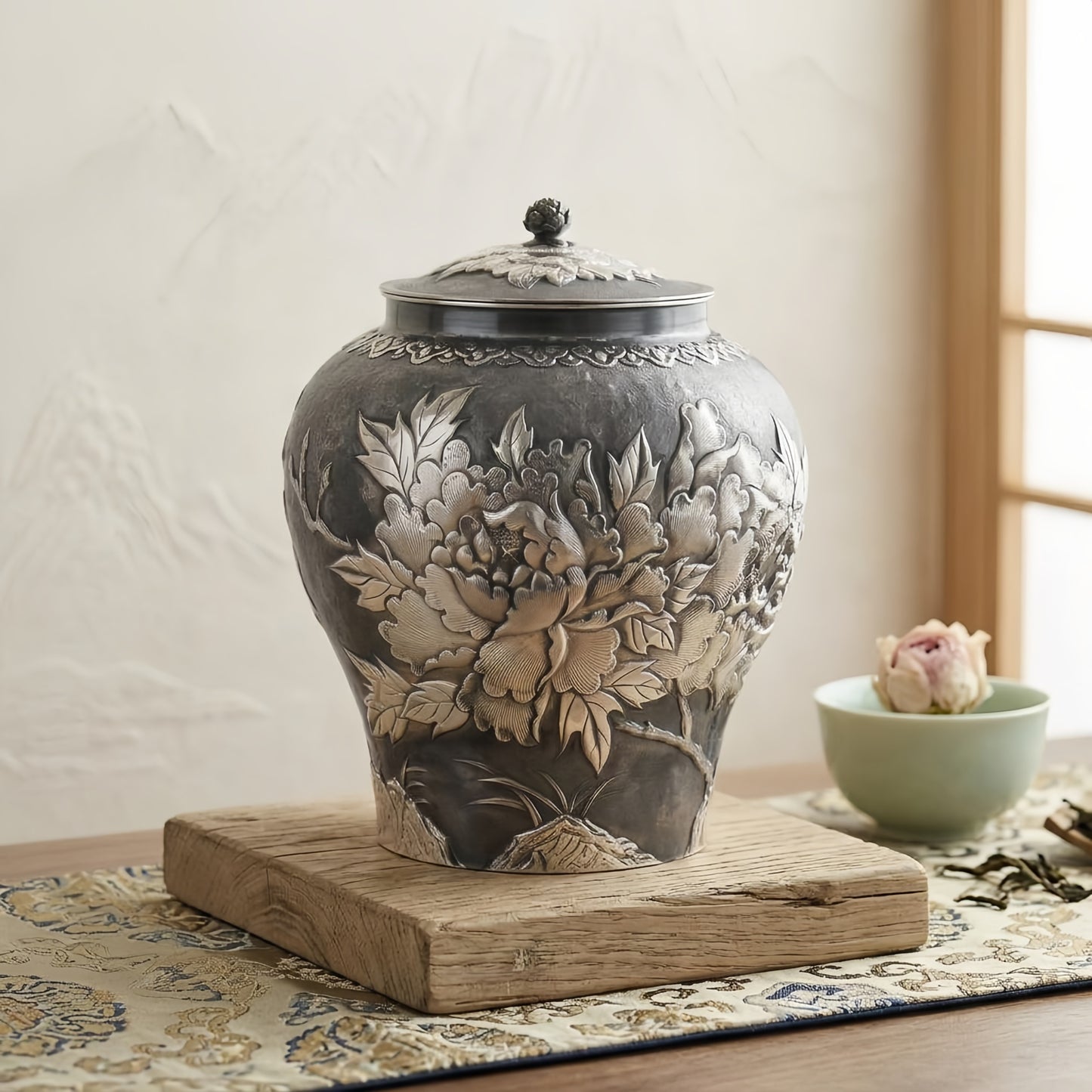 Pure 999 Fine Silver Antique  Vase with Intricate Floral Engraving-Premium Tea Barrel - Handicraft