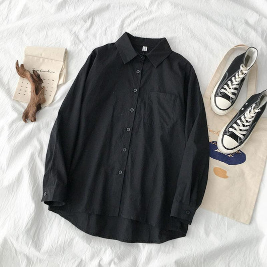 New Womens Korean-style Black Long-sleeve Shirt With A Lapel Collar