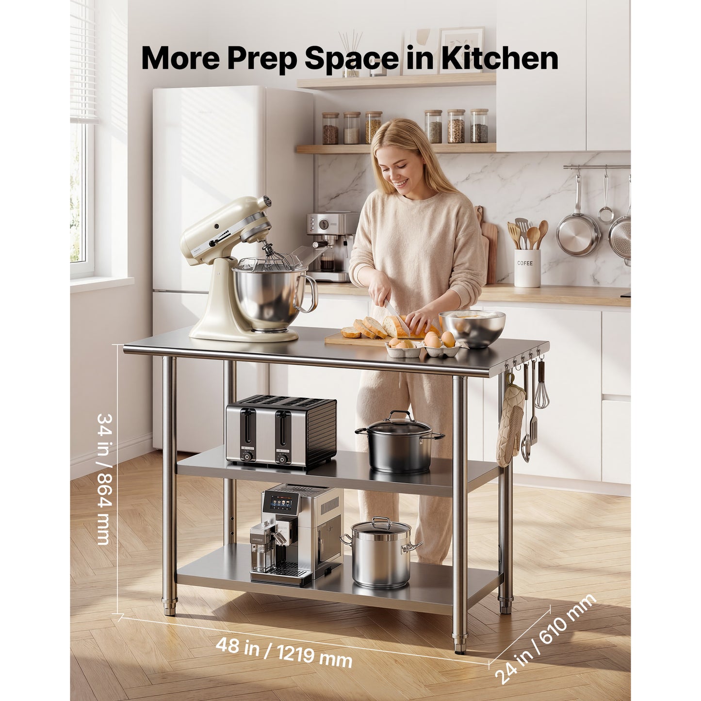Stainless Steel Work Table, 24x48 Inch Food Prep Table With 2 Shelves, Commercial Kitchen Workstation, Metal Heavy Duty Utility Worktable, For Restaurant Home Hotel Garage Outdoor