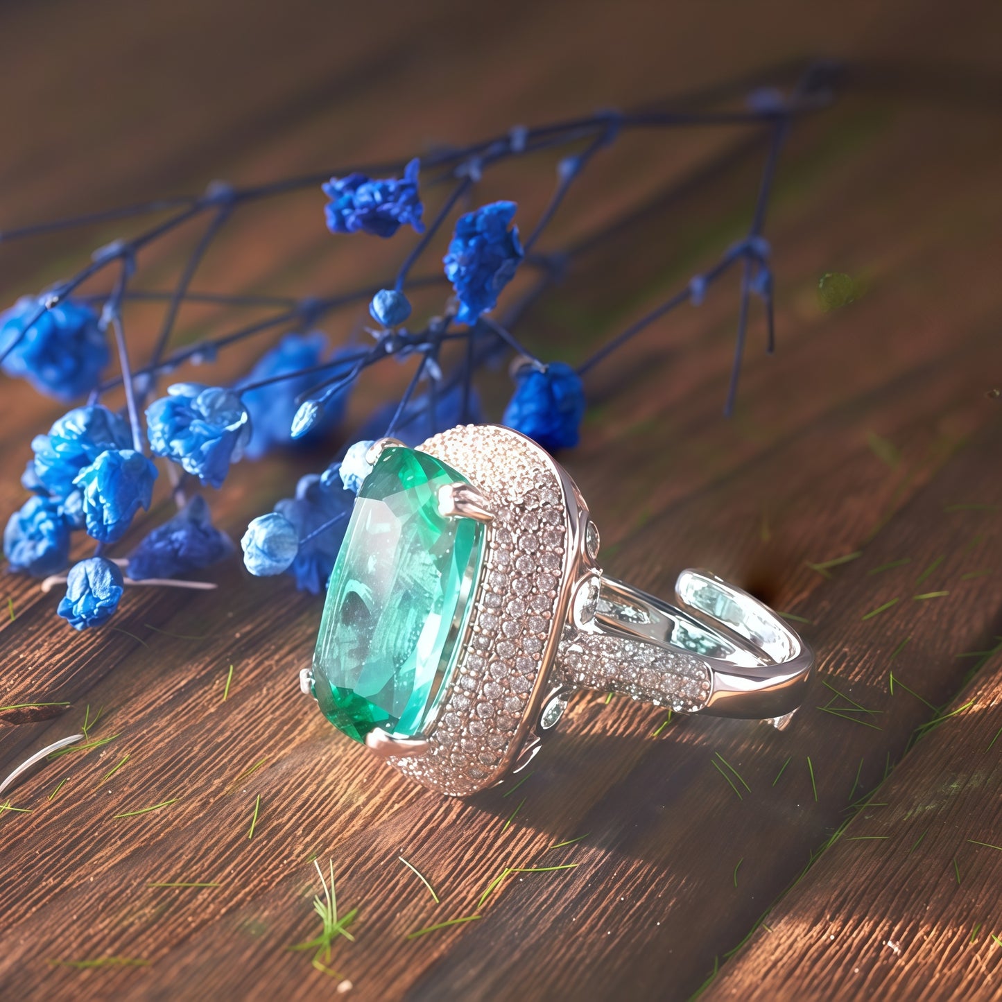 Rectangular Emerald Green CZ Double Halo Open Adjustable Statement Ring For Women, Copper Silver Plated Full Pave White Crystal Vintage Wedding Banquet Jewelry Gift