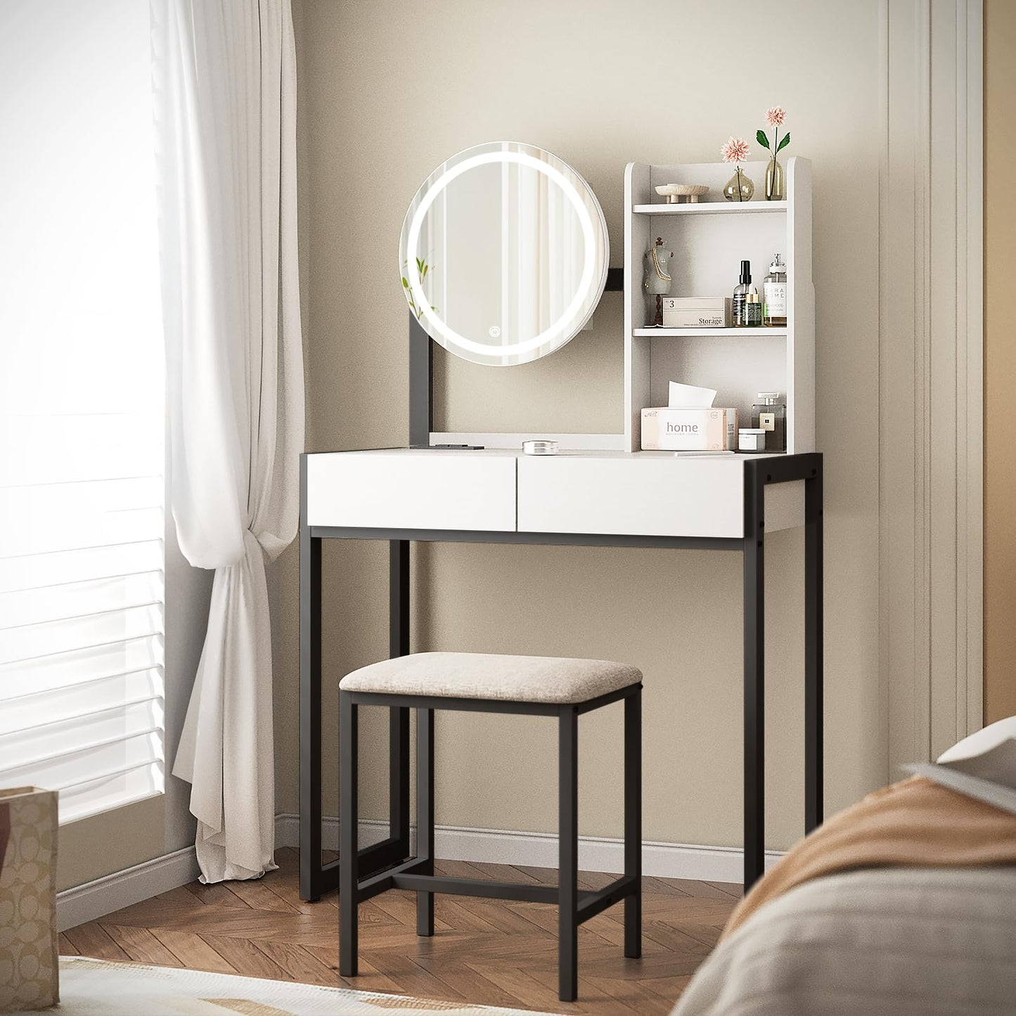 Small Vanity Desk With Mirror And Lights, Makeup Vanity Table With LED Mirror, 3 Lighting Modes, Power Outlet, Drawer, Open Shelves And Cushioned Stool For Bedroom  White And Black