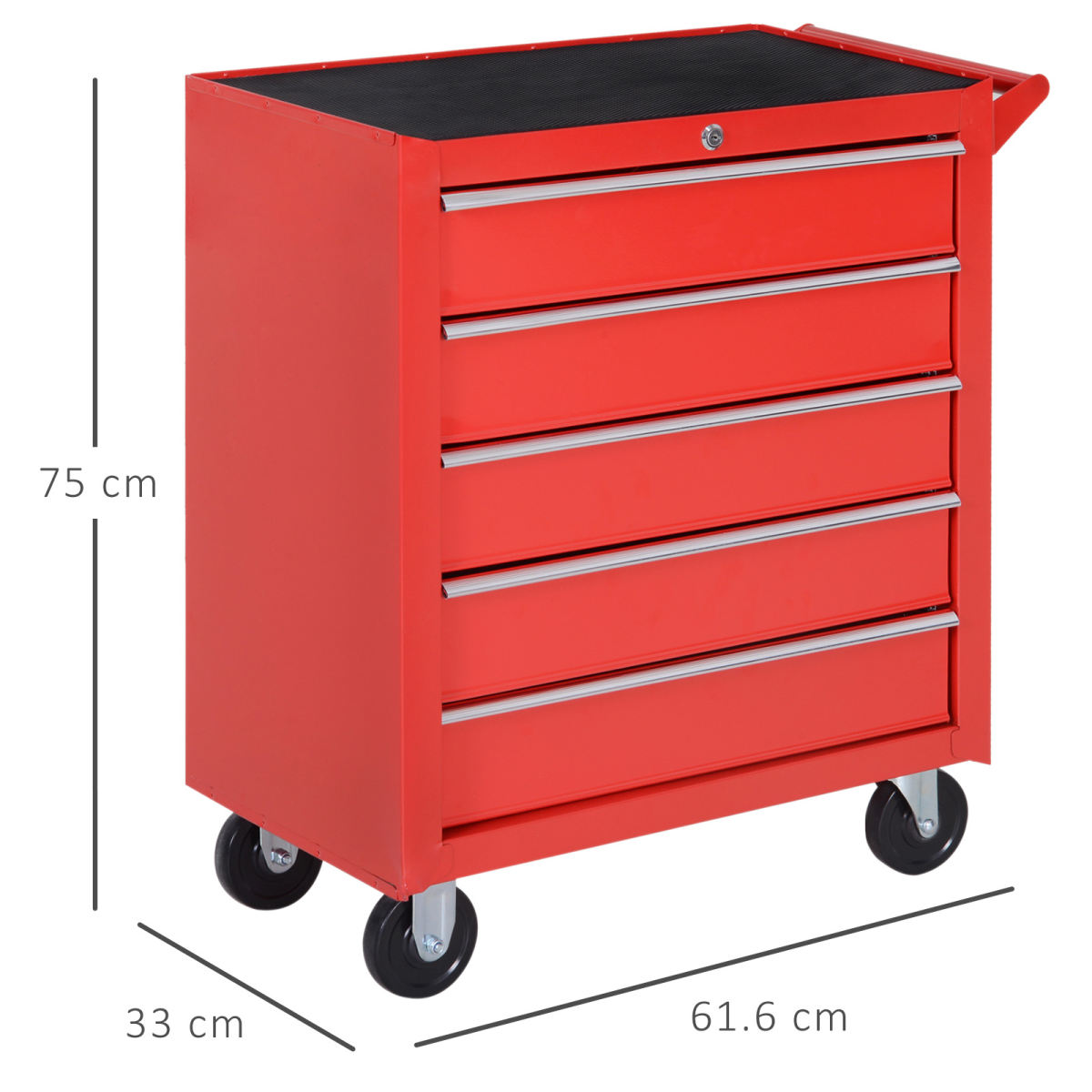 DURHAND 5-Drawer Lockable Tool Storage Cabinet With Wheels, Handle, 2 Keys, Steel Home Work DIY Workshop Chest, Garage Equipment Trolley, Red