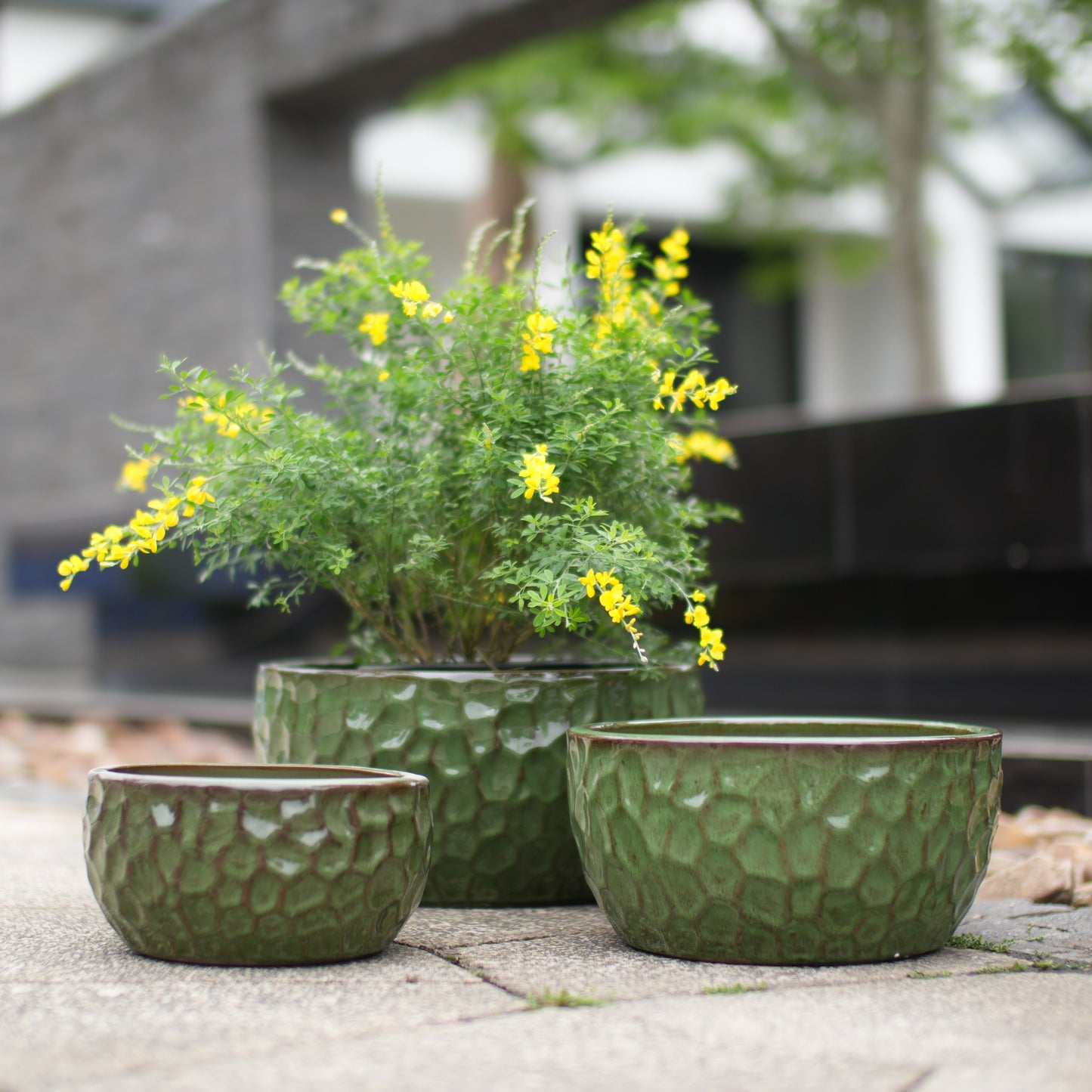 3-piece Handmade Glazed Ceramic Planter Set   38.1 30.5 25.4 Cm , Green, Hammer-patterned, Ideal For Bamboo Fig Tree, Indoor Outdoor, Breathable Earthenware With Drain Holes