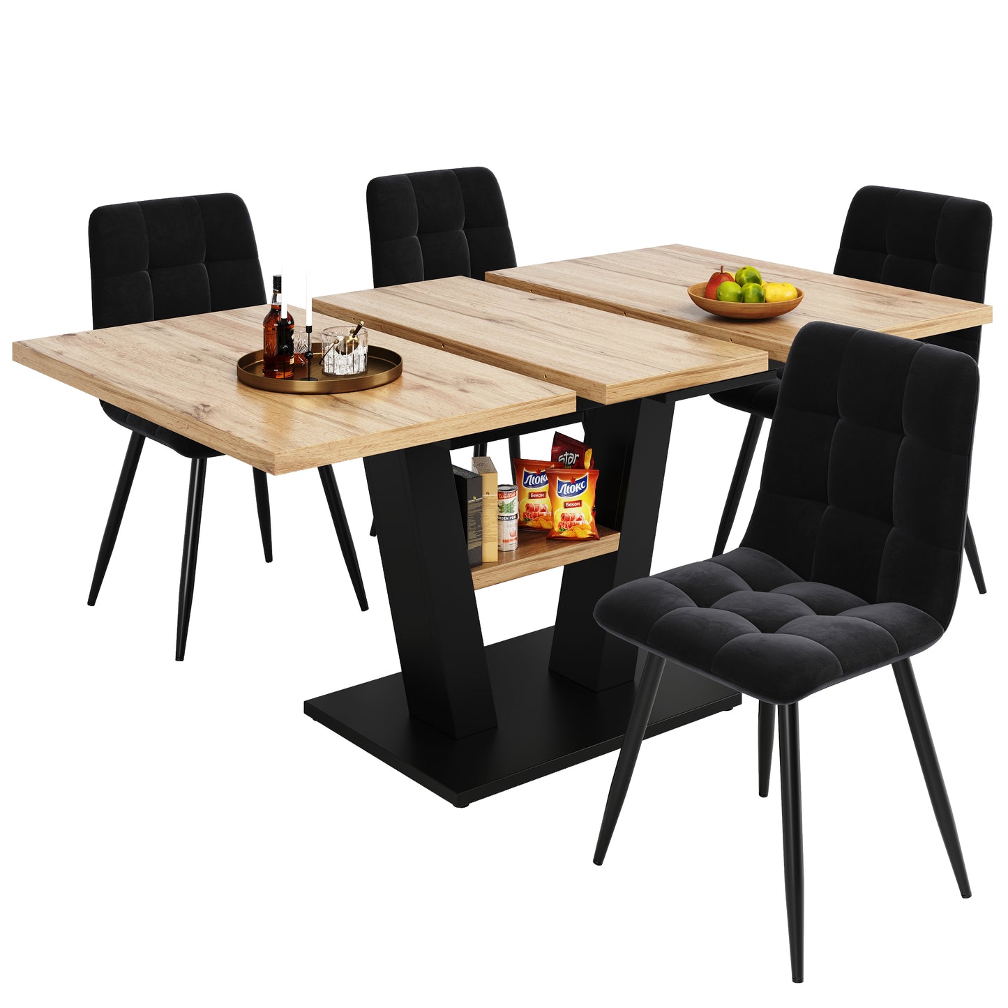 Dining Table Set 5 Pieces, Extendable Dining Table Set, 118-157 X 70 Cm Dining Table With 4 Chairs, For Kitchen And Living Room, Including Dining Chairs,extendable Dining Table With V-legs,dining Ro