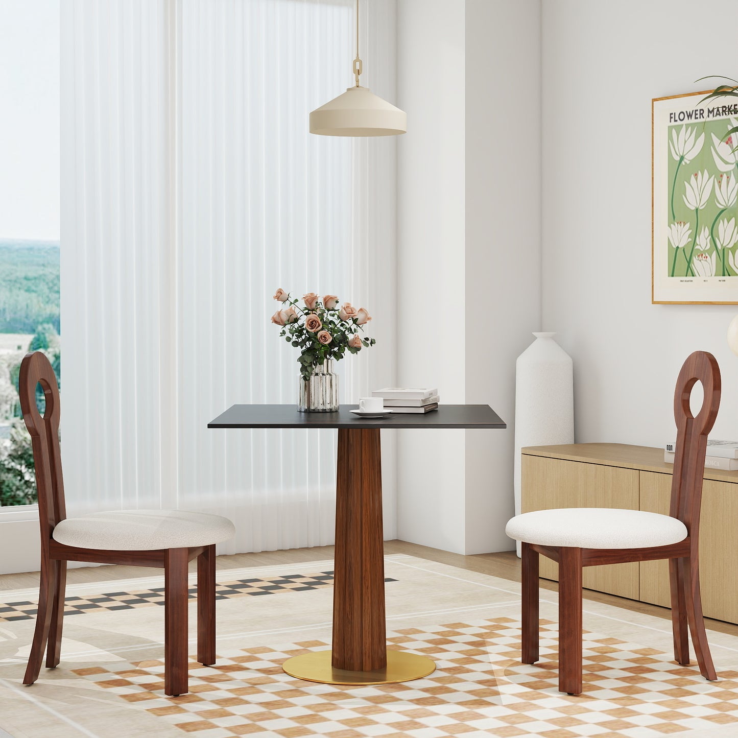 Modern Square Dining Table, 33.5  Sintered Stone Table With Wooden Leg & Gold Base, 2 - Person Kitchen Table For Small Space, 150lbs Weight Capacity Only The Negotiation Table