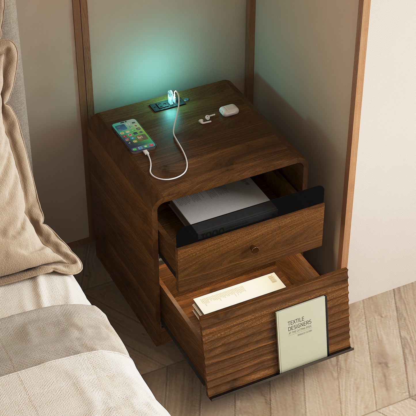 Nightstand With Charging Station, Smart Nightstand With Night Light,with Led Lights,Bedside Tables With Storage Cabinet For Bedroom,Wood