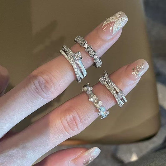 Women Ins Trendy Cross Ring, Korean Style Sparkling Diamond Set Three Layer Intertwined Sweet Niche Design Commute Finger Ornament