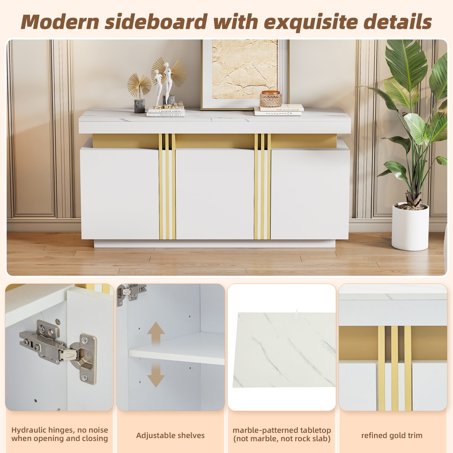 140X38X70cm Modern White Sideboard Display, 3 Doors, Dining Room Cabinet With Adjustable Dividers, Perfect For Kitchen, Living Room, Dining Room, Hallway, Platinum Stitching, Wide Handleless Lockers