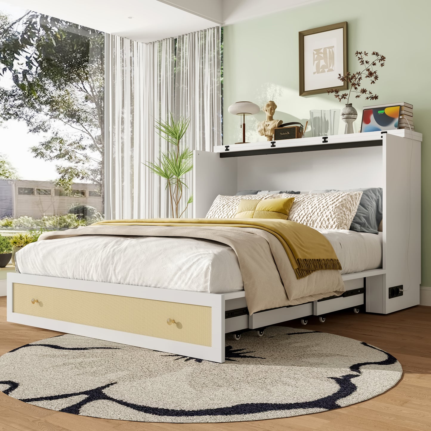 Murphy Bed, 140 X 200, Mobile Murphy Bed With Drawers At The End Of The Bed And Shelf At The Head Of The Bed, With USB And Socket, Convertible Platform Bed, Without Mattress, White