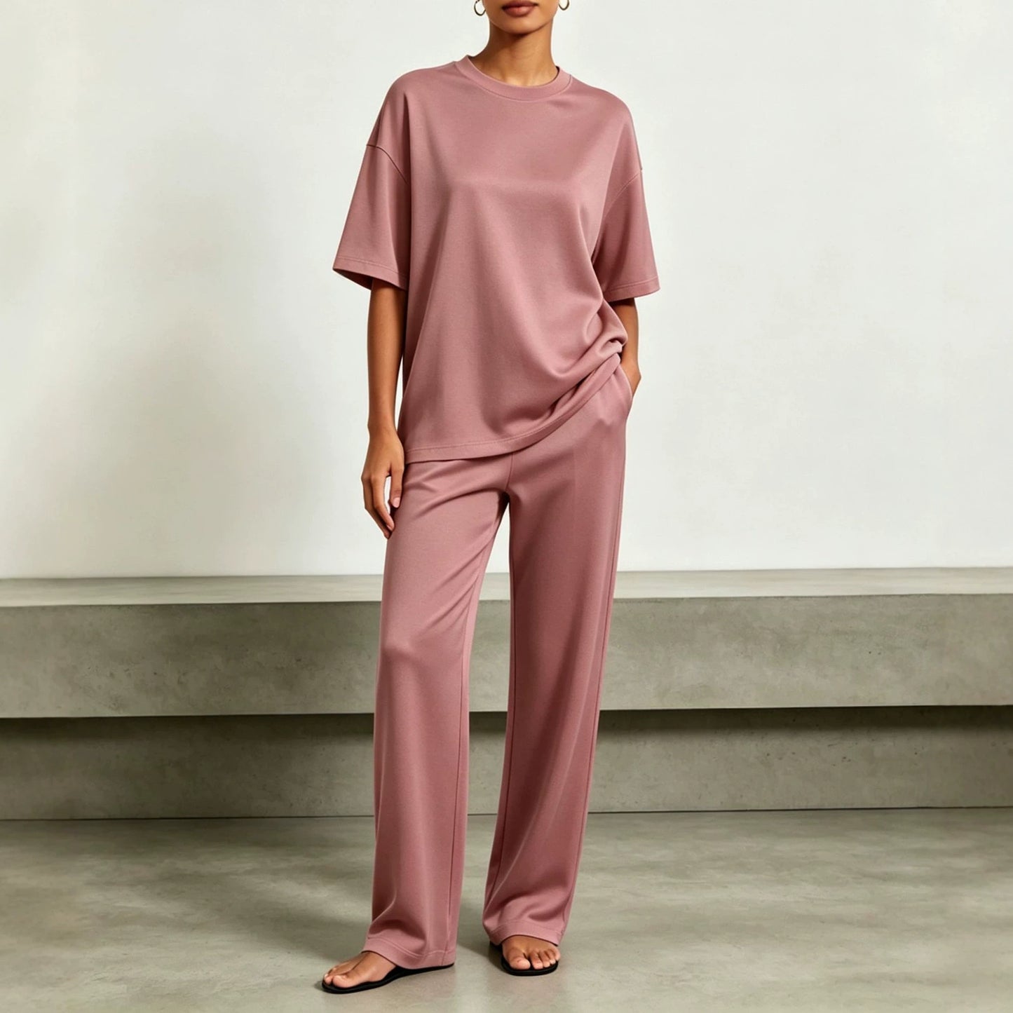 SpringSummer New Arrival Draped Solid-Color Slimming Wide-Leg Pants Set
