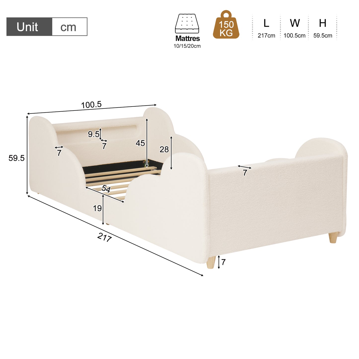 Children's Bed 90 X 200cm, Upholstered Bed, Single Bed, With Safety Railing, With Night Light And USB Charging Port And Storage Compartments, Bed Legs Made Of Solid Wood, Beige Boucle