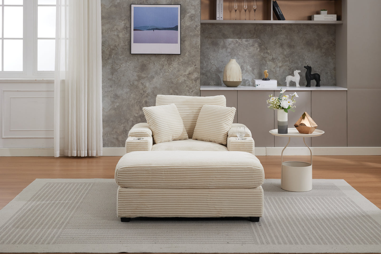 VIDEO New Corduroy Upholstered Chaise Lounge Sofa With Handrail Storage ,Movable Ottoman,Cupholders,Detachable Cushions Deep Seat For Living Room Office,3 Colour
