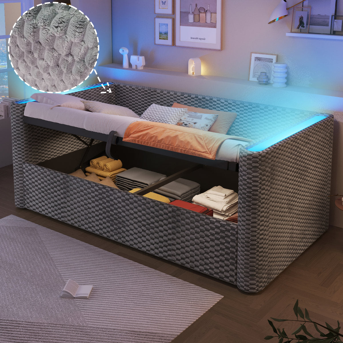 Daybed, Daybed, Sofa Bed, 90 X 200 Cm, With LED Lighting, With Hydraulic Storage Mechanism, Slatted Base Without Mattress, Velvet, Grey