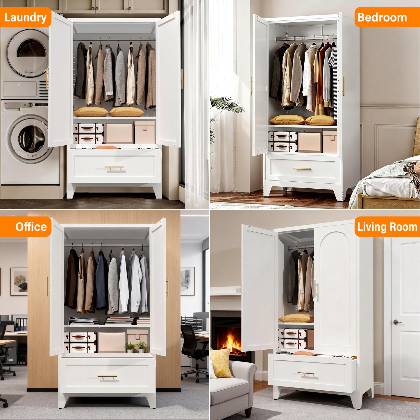 60 Tall Metal Wardrobe Cabinet With 1 Drawer And Hanging Rod, 2 Doors Wardrobe Closet With Shelf For Bedroom, Office, Laundry Room,Entryway ,Foyer,Guesthouse  White