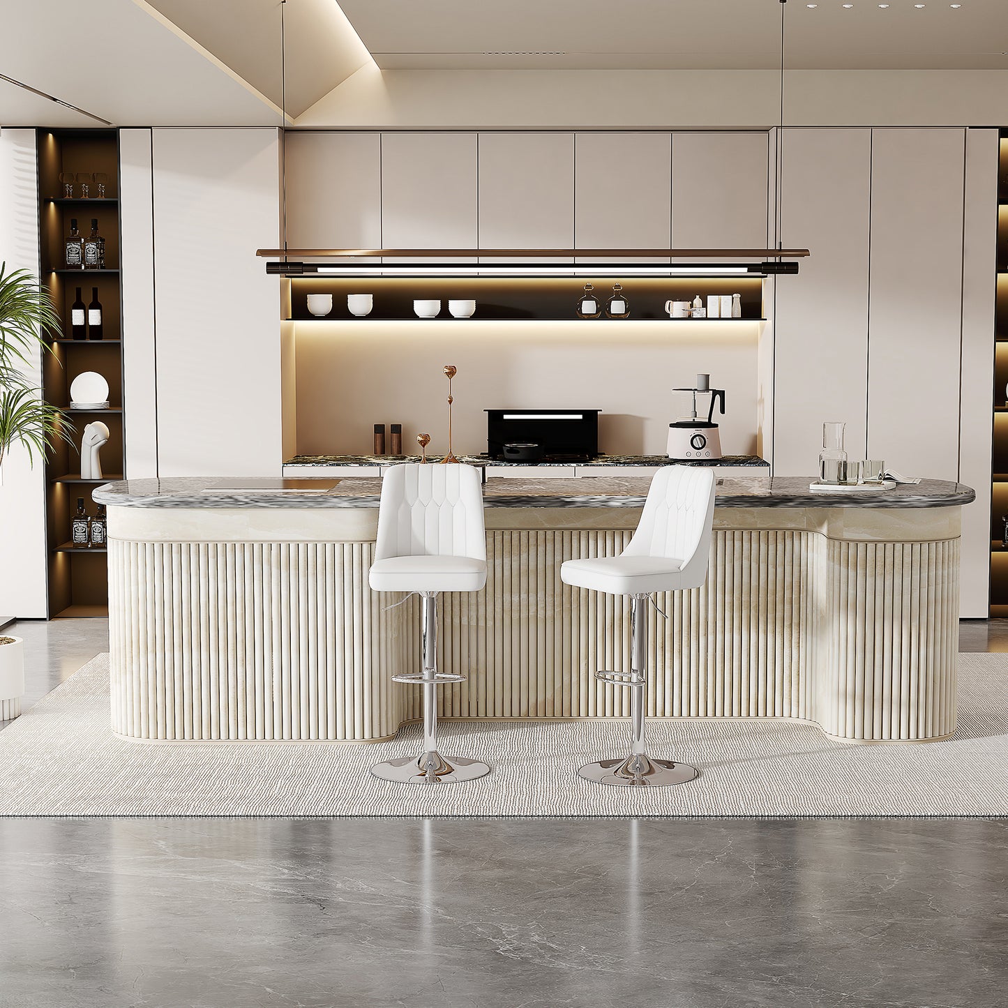 Height-adjustable Bar Stool In Set Of 2, 360 Swivel, Backrest With White PU Leather And Quilted Pattern, Legs Made Of Silver Metal. Suitable For Kitchen Islands And Bar Counters.