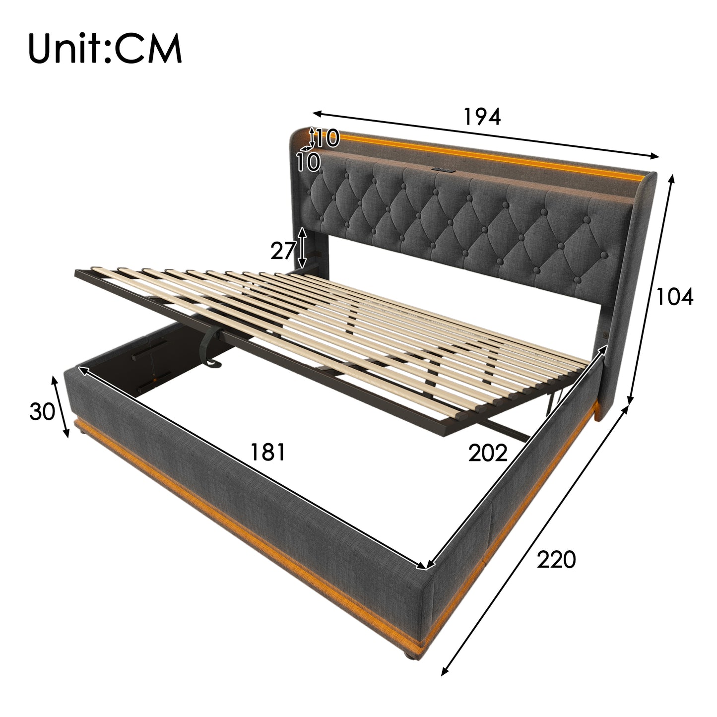 Upholstered Bed Double Bed, 360 Surround LED Function, Push Button App Remote Control, 180x200 Cm, Grey Linen Material Hydraulic Storage Bed, Upholstered Headboard With USB Type-C Charging Function Wi