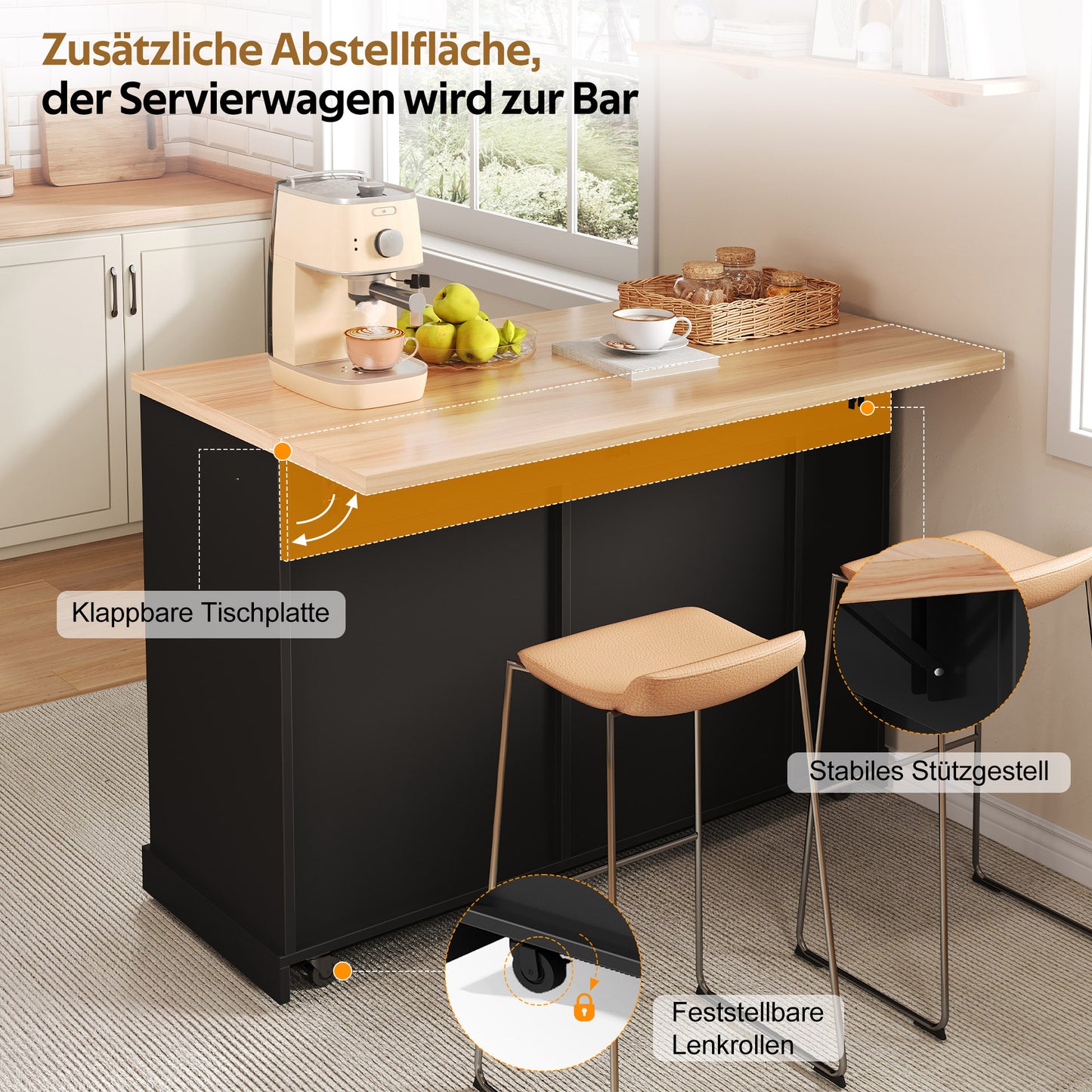 Kitchen Island On Wheels With Folding Worktop, Kitchen Trolley With Garbage Cabinet, 4-tier Spice Rack, 2 Drawers And Lockable Castors, 120 X45  X 93 Cm