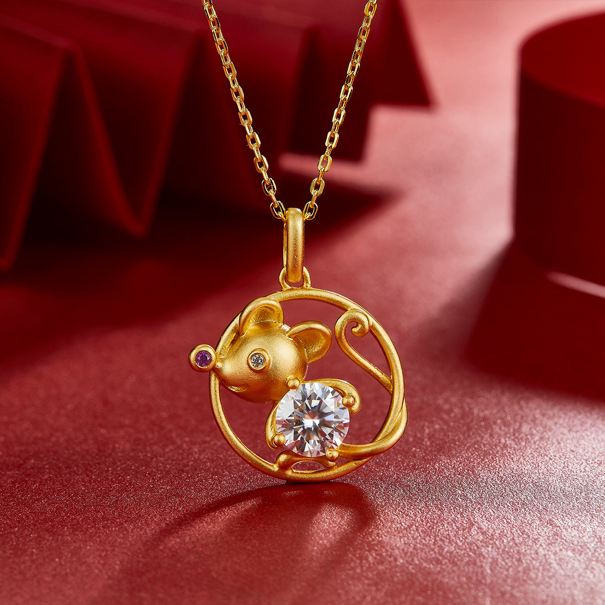 S925 Silver Gold Plated 1ct D Color VVS1 Moissanite Rat Necklace 4.5g Chinese Zodiac Benmingnian Gift GRA Certified Gift Box