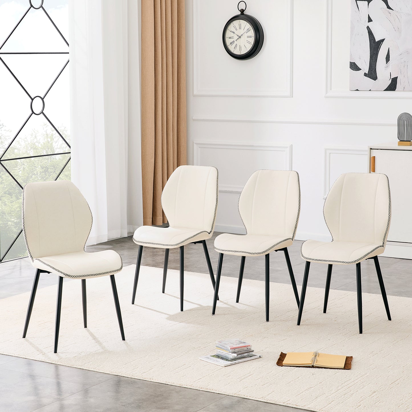 4-Pack White Light Luxury Household PU Leather Dining Chairs. Multiple Colors Available, With Black Metal Legs And Adjustable Feet, Suitable For Dining Room, Study & Office ,etc.