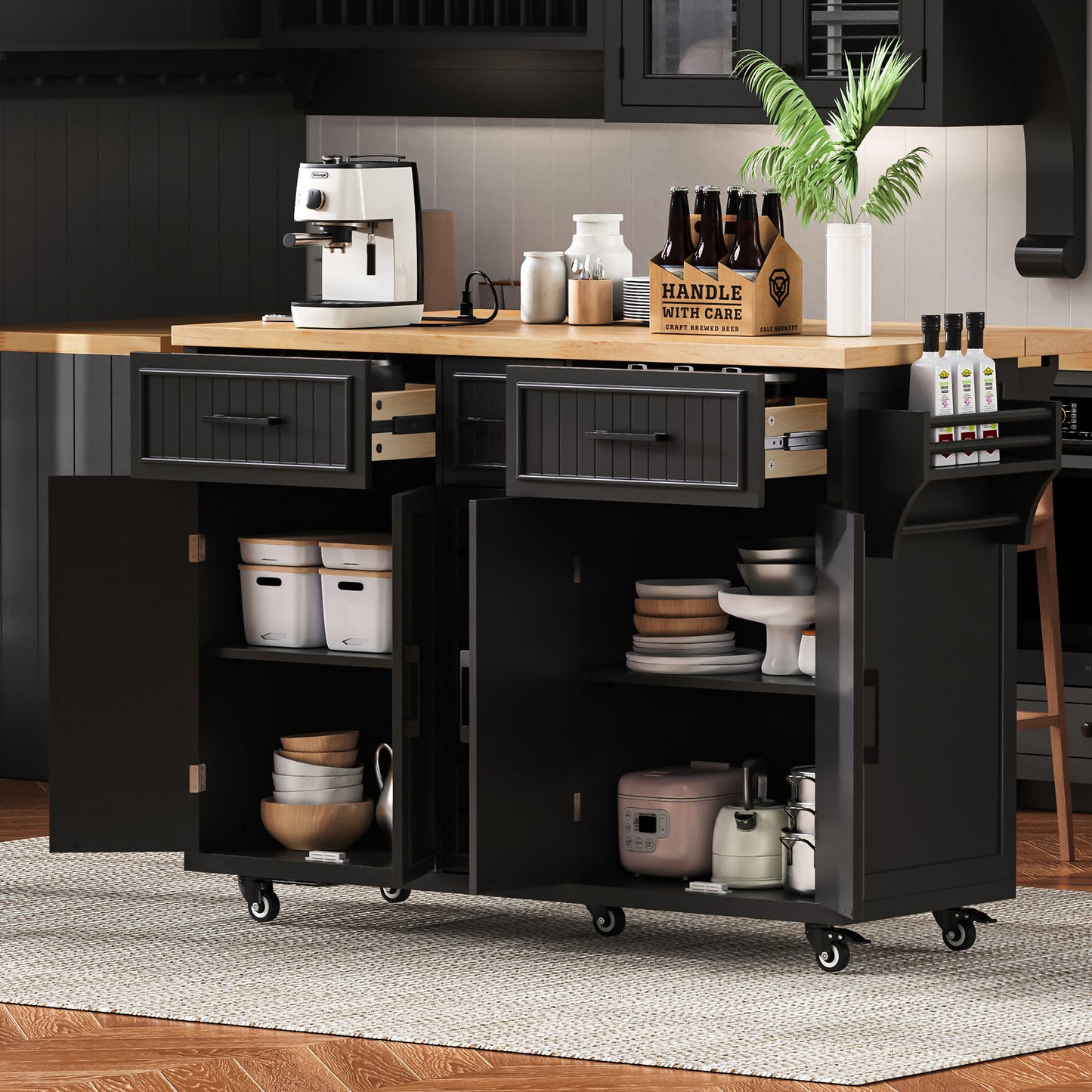 K&K 56.5   Kitchen Island With Drop Leaf, Power Outlet, Embossed Vertical Stripe Rolling Kitchen Cart On Wheels With 4 Doors , 5 Deep Drawers And Adjustable Shelves, For Kitchen, Dining Room, Black