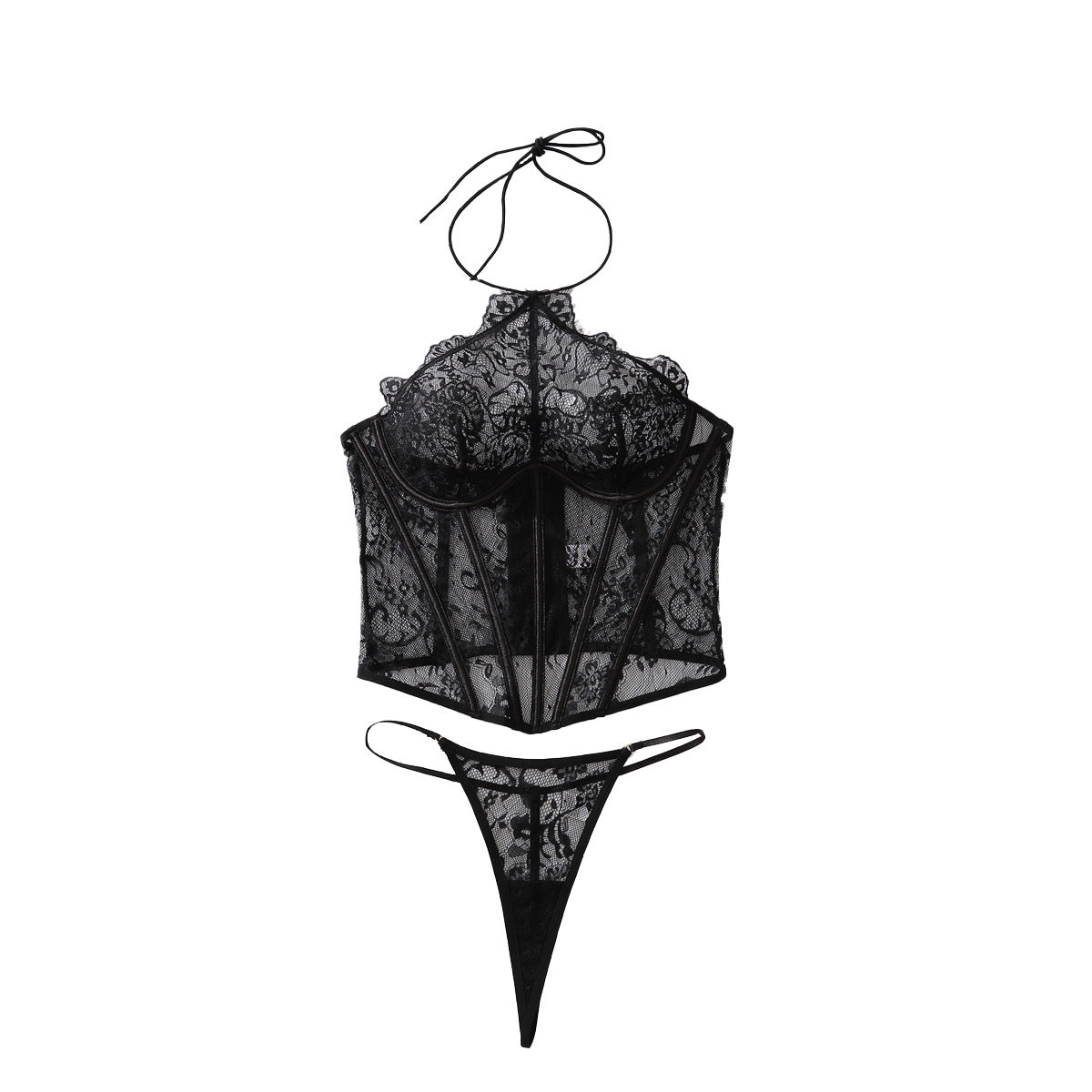 Sheer Lace Strapless Underwire Body-Shaping Corset Sexy Halter-Neck Lingerie Set