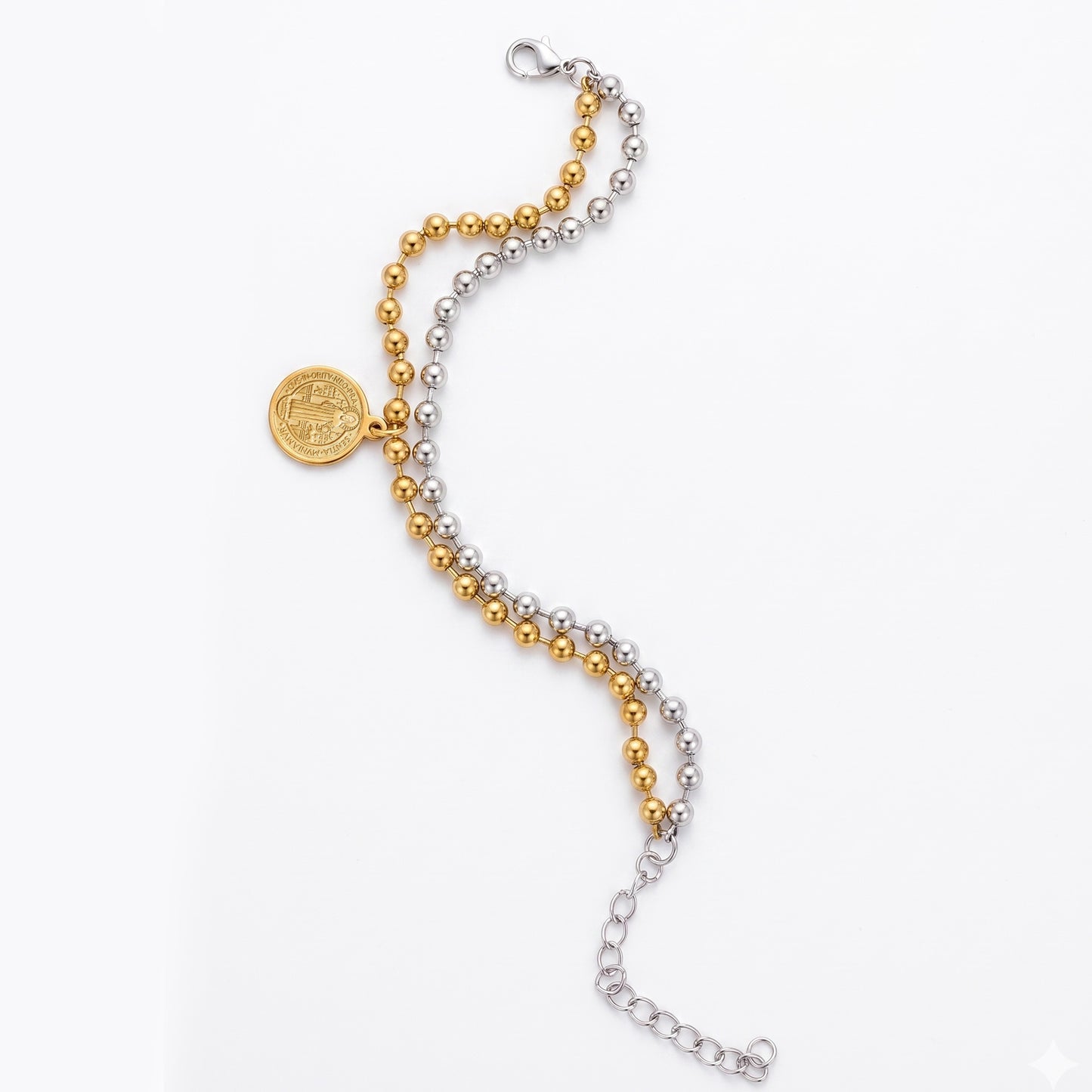 Double Layer St Benedict Bracelet Gold Silver Two Tone Stainless Steel Ball Bead Chain San Benito Medal Protection Charm Catholic Jewelry Religious Gifts For Her