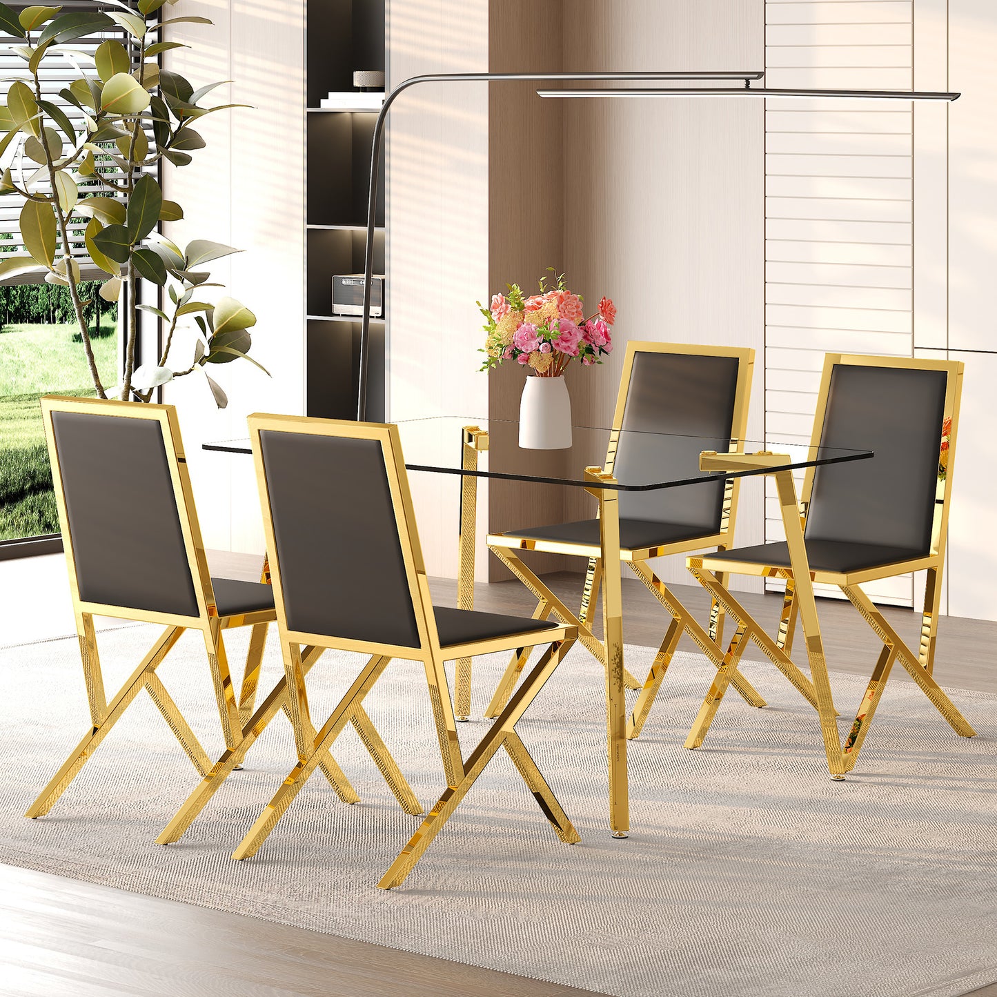 Table And Chair Set.51 X 31.5-inch Tempered Glass Dining Table, Paired With A Set Of 4 Black PU Dining Chairs. Modern Light Luxury Home Restaurant Table And Chair Combination.