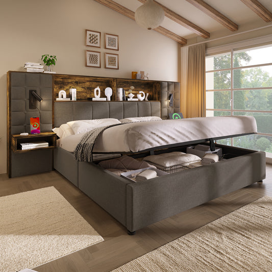 Upholstered Bed 160x200 With Storage Space, Grey System Bed, LED Lighting & 2 Reading Lamps, 2 Integrated Bedside Tables, USB Type-C Charging Port, Linen Fabric, Including Slatted Frame, Without Mattr