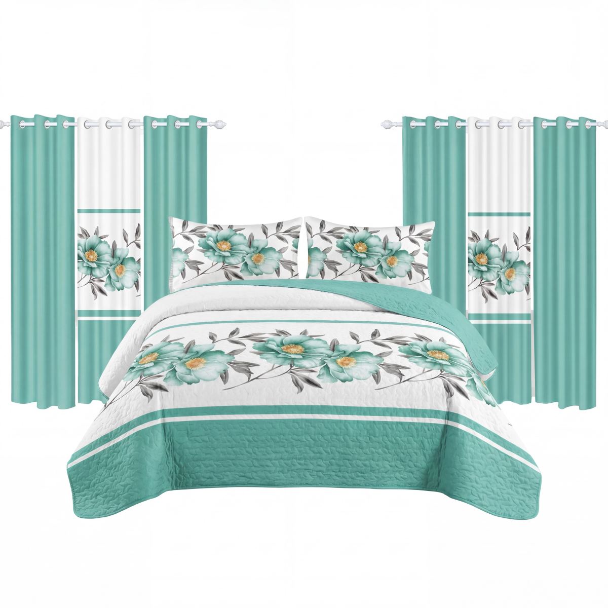 9 Piece Room In A Bag Quilt And Curtain Set, US Designer Teal Floral Botanical Print Heavyweight Bedspread With 6 Customizable Window Panels, Pet-Friendly High GSM Coverlet