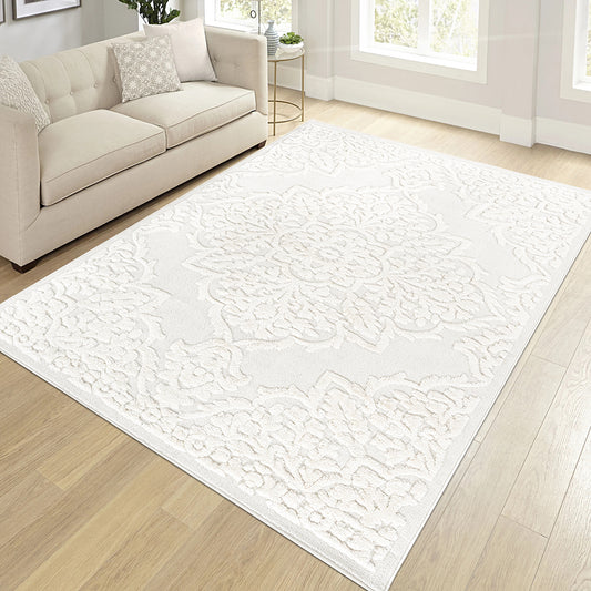 Step Collection High-Low Medallion Cream Cream Indoor Area Rug, 5'3''x7'6'', Modern, Contemporary, Geometric, Bohemian, Bedroom, Kitchen, Living Room, Non Shedding Carpet