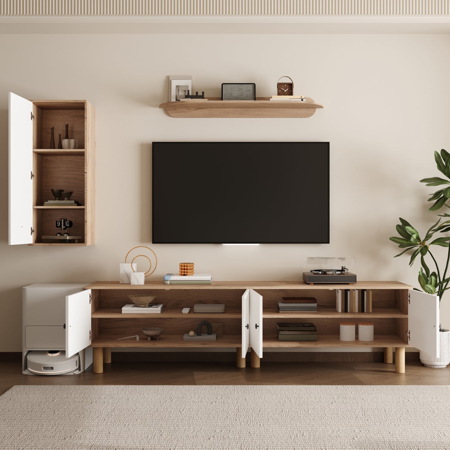 Wall Unit, 3 Pcs., Best. From Highboard, Cabinets, Wall Board. White And Wooden, Carved Door Panels.