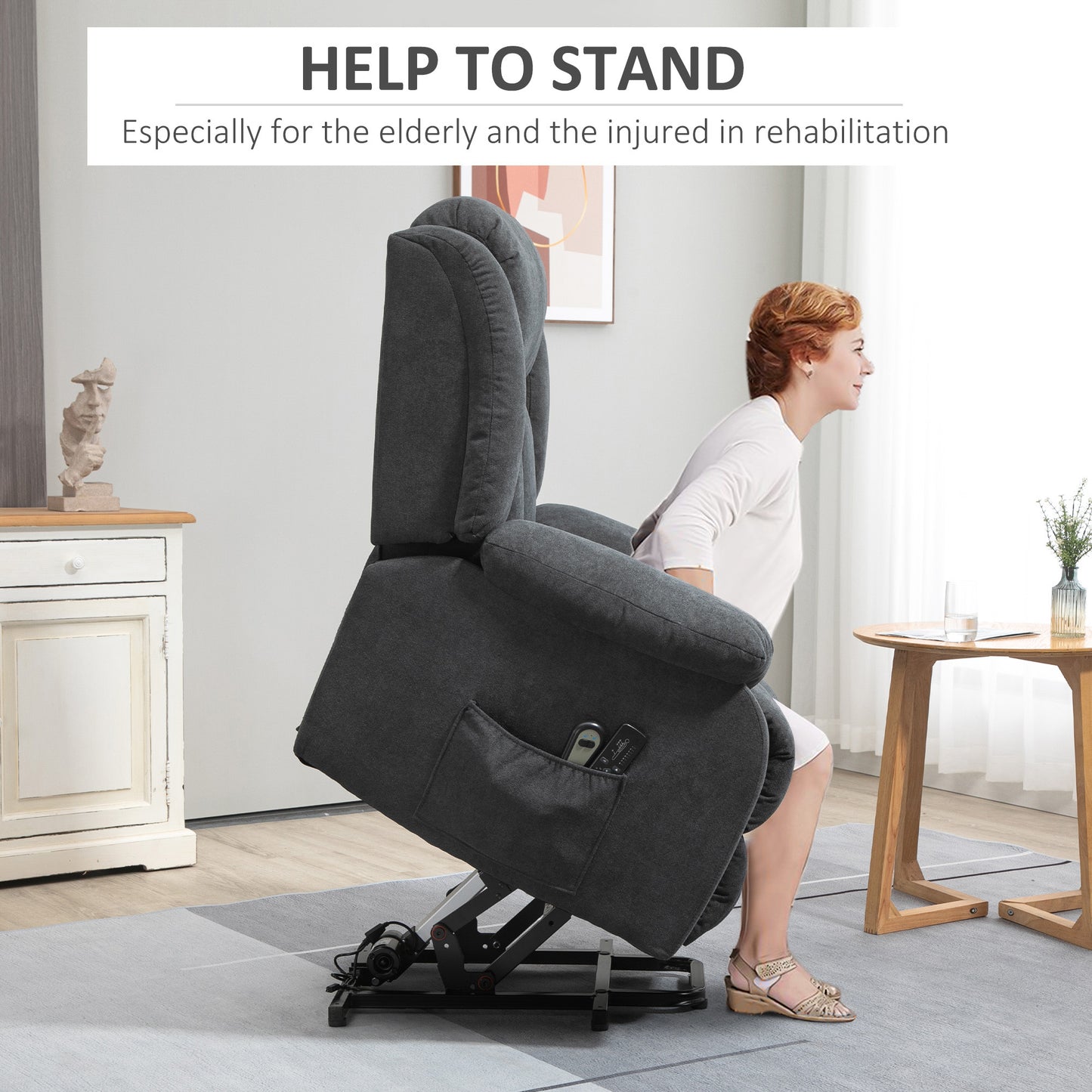 Power Lift Recliner Chair With Massage, Overstuffed Lift Chair For Elderly With Footrest, Remote, Side Pocket, Dark Grey