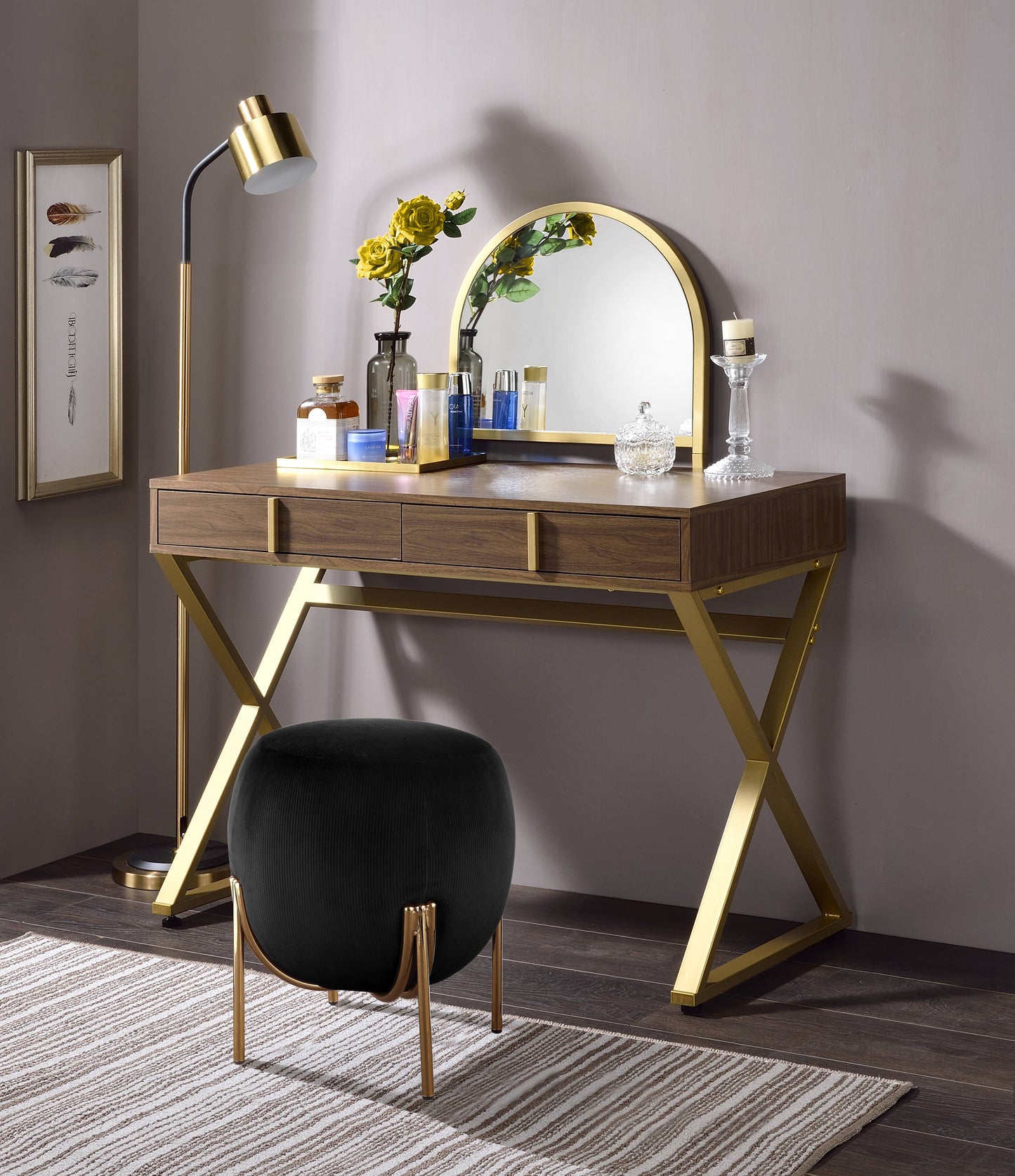 Coleen Walnut & Gold Finish Vanity Desk W Mirror & Jewelry Tray