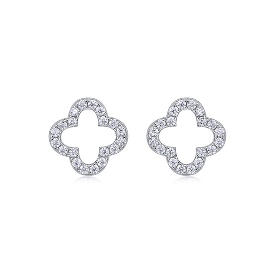 S925 Sterling Silver Open Clover Stud Earrings, D-VVS1 Moissanite Pave Outline, Platinum Plated 1.6g Women's Jewelry Gift Box