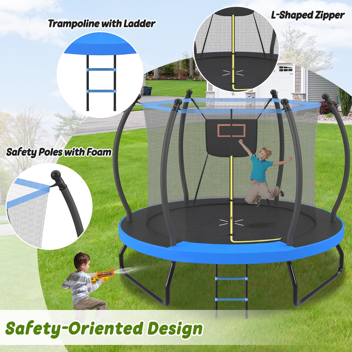 10FT Trampoline With Basketball Hoop, Enclosure Net And Ladder, Outdoor Trampoline For Kids, Recreational Backyard Trampoline